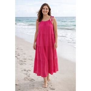4our Dreamers Women’s Cotton Tiered Hot Pink Beach Sun Maxi Dress Size Large Nwt